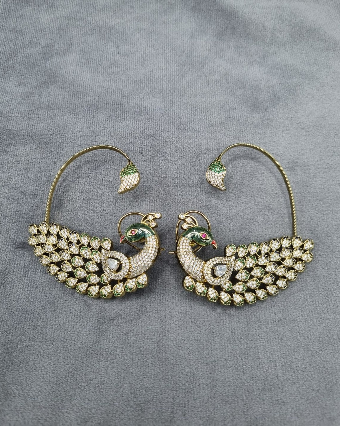 Ornate Peacock Ear Cuffs with Crystal Plumage